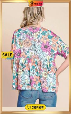 Multicolor Bohemian Flower Print Flowy Short Sleeve Top Bohemian Flower, Look Casual Chic, Bohemian Flowers, Casual Chique, Casual Evening, Flowy Shorts, Flowy Tops, Cool Fabric, Look Chic