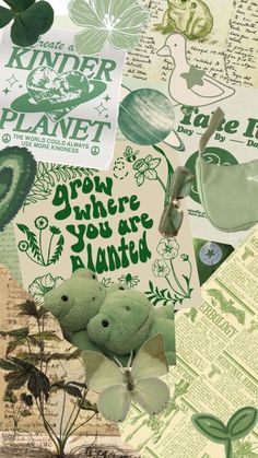 a collage of green and white images with words on them that read, plant where you are planted