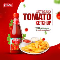 a bottle of tomato ketchup next to french fries on a white plate and red background