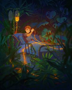 a boy is sitting on a bed in the jungle at night with his arms up