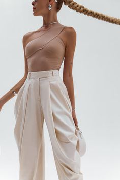 Nude Outfit, Italian Accessories, Beige Bodysuit, Nude Outfits, Affordable Fashion Women, Baggy Trousers, Suit Fabric, Shop Womens, Black Bodysuit