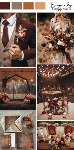 the wedding color scheme is brown and orange