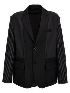 Single-breasted wool blazer with button closure, pockets, patchwork effect with technical fabric, shirt-style sleeves with striped pattern.SACAITwo-material blazertrue to size fit Tuxedo Shirt Men, Tory Burch Dress, Abaya Designs, Engineered Garments, Vogue Paris, Wool Blazer, Black Blazers, Single Breasted, Jacket Dress