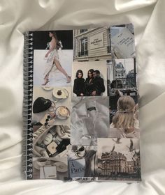 an open notebook with pictures of people and things on the pages, all in black and white