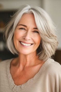 Layered silver bob on smiling older woman. Sarah Harris, Bob Hairstyles For Thick, Radiate Confidence, Short Haircuts For Women, Short Hairstyles For Thick Hair, Bob Hairstyles For Fine Hair