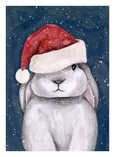 a painting of a rabbit wearing a santa hat in the snow with snow flakes