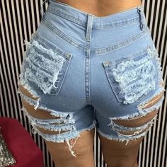 🔥 Get ready to rock your summer style with these 🔝 Summer Ripped Sexy Solid Pattern High Waist Denim Shorts for Women! 😍 Don't miss out on this hot deal for only $42.95! 💸 #summerfashion #denimshorts #highwaistshorts #womensfashion #summerstyle #rippedshorts #sexyshorts #solidpattern #trendy #musthave Knee Length Denim Shorts, Shorts Ripped, Flower Jeans, Jeans Overall, Stretch Denim Shorts, Jeans Cargo, Denim Patterns, Maxi Robes, Blazer And Shorts