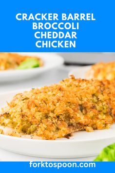 this is an image of cracker barrel broccoli cheddar chicken on a white plate