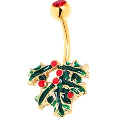 Product DetailsRed Gem Gold Tone Festive Holly Sprig Christmas Belly Ring Get jolly with the holly when you're rocking this 14 gauge navel ring. It is made with a 3/8 inch gold tone PVD over 316L surgical grade stainless steel curved barbell with a 5mm top ball end, which is set with a red gem. The bottom end features a holiday-perfect holly charm, with green inlay and red inlay detailing for the berries. Get fabulously festive with this holiday holly belly piercing jewelry. Specifications: 14 G Mistletoe Belly Button Ring, Belly Piercing Jewelry, Patriotic Jewelry, Winter Inspired, Navel Ring, Belly Piercing, Navel Rings, Belly Ring, Belly Rings