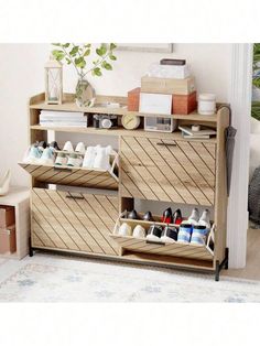 a wooden shoe rack with many pairs of shoes on it