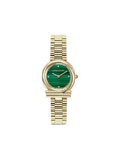 gold-tone stainless steel case quartz movement green baton hands push-down crown butterfly clasp fastening water resistance up to 30m/3 ATM This item comes with a standard two-year warranty from the brand. Luxury Green Modern Watch Accessories, Luxury Green Watch Accessories With Bracelet Strap, Elegant Green Rectangular Watches, Luxury Green Adjustable Watch Accessories, Gucci Watch Women, Crown Butterfly, Salvatore Ferragamo Jewelry, Chain Strap Bag, Oversized Tote Bag