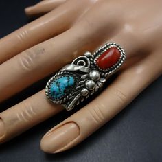 "VINTAGE NAVAJO TURQUOISE and CORAL RING by DAVID K LISTER DESCRIPTION: This ring will be a treasured addition to your collection of fine vintage Native American jewelry. MEASUREMENTS: Ring face measures 1 1/2\" x 5/8\" WEIGHT: 11.7 grams SIGNED: DKL, for David K Lister (Navajo) STERLING: unmarked, verified sterling silver" Vintage Turquoise Ring With Inlay, Vintage Turquoise Inlay Ring, Southwestern Turquoise Ring, Jewelry Measurements, Vintage Native American Jewelry, Turquoise And Coral, Coral Ring, Navajo Turquoise, Vintage Navajo