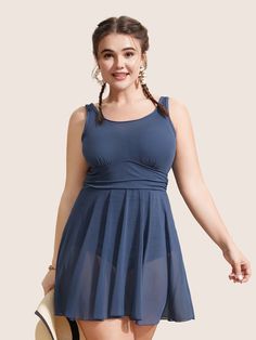 Fitted One-piece Sundress, Elegant One-piece Stretch Dress, Elegant Beach Dress With Lined Bodice, Elegant One-piece Lined Dress, Elegant Skirted Stretch Dresses, Elegant Stretch Skirted Dresses, Blue Sleeveless Summer Mesh Dress, Elegant Stretch Dresses, Sleeveless Beach Dress With Lined Bodice