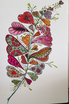 a drawing of a leaf with many different colors and patterns on it's side