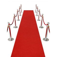 a red carpeted aisle with silver barriers and roped off poles on each side