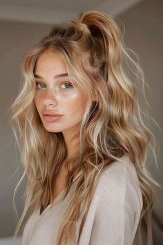 Hitting the gym or attending a glamorous event, High Ponytail Hairstyles are the perfect go-to option. Long Blonde Updo Hairstyles, Cute Event Hairstyles, Half Up Half Down Hairstyles High Pony, High Party Ponytail, Blonde Underneath Dark Brown Hair, Bright Blonde Fall Hair, Long Hairstyles Going Out, Long Blonde Hair Hairstyles, Bridesmaid Braided Ponytail