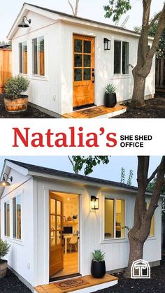 a small white house with the words nattia's shed office on it