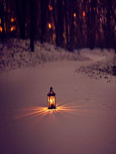 a lantern is lit in the middle of a snow covered field with trees behind it