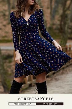 Fashion Floral Vintage Elegant Long Sleeve Loose A-Line Casual Dress Trendy Fall Outfits, Long Sleeve Floral Dress, Vintage Elegant, Floral Vintage, Dress Outfit, Dress Floral, V Neck Dress, Swing Dress, Dress Brands