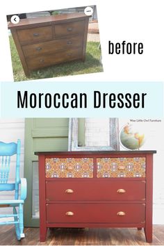 an old dresser is transformed into a colorful chest of drawers with the words, before and after