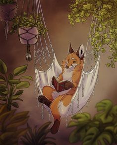 a fox sitting in a hammock reading a book while hanging from a tree