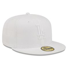 Officially Licensed MLB Men's New Era White on White 59FIFTY Fitted Hat - Los Angeles Dodgers  This authentic Fanatics baseball hat is perfect for showcasing team spirit.  Flat bill design with ability to curve for a super trendy look and great addition to your sports apparel collection.         Embroidered graphics with raised details, High Crown          Material: 100% Polyester      Six-panel construction with eyelets, Structured fit-fitted      Brand: New Era      Care: Wipe clean with a dam Curved Brim Fitted Hat For Baseball Season, White Flat Bill Baseball Cap For Baseball Season, Classic Adjustable Fitted Hat For Baseball Season, Classic Adjustable Fitted Hat For Baseball, White Flat Bill Fitted Hat For Sports Events, White Flat Brim Fitted Hat For Baseball Season, Classic Fitted Baseball Cap For Baseball Season, Classic Fitted Baseball Cap, Flat Brim Dad Hat For Baseball Season