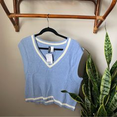 Perfect For Spring! Trendy Blue Sleeveless Sweater, Trendy Sleeveless Blue Sweater, Blue Sleeveless Sweater For Spring, Blue Knit Sweater Vest For Spring, Blue Fitted Sweater Vest For Spring, Trendy Fitted Blue Sweater Vest, Fitted Blue Sweater Vest For Spring, H&m Cotton Sweater For Spring, Casual Blue Sweater Vest For Spring