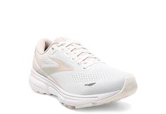 White Mesh Running Shoes For Marathon, White Running Shoes With Breathable Mesh For Marathon, Breathable Mesh Running Shoes With Round Toe, Athletic Fit Running Shoes For Light Exercise, White Mesh Sneakers For Marathon, White Athletic Fit Walking Shoes With Round Toe, White Athleisure Running Shoes With Arch Support, White Running Shoes With Cushioned Footbed For Light Exercise, White Athletic Fit Walking Shoes