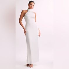 Never Worn, Tag Still On, In Perfect Condition! Perfect For Any Bridal Event White Sheath Maxi Dress For Formal Occasions, White High Neck Maxi Dress For Spring, Elegant White Maxi Dress For Dinner, Chic High Neck Maxi Dress For Wedding, White High Neck Dress For Party, White High Neck Dress For Wedding, High Neck White Dress For Wedding, High Neck White Wedding Dress, White Fitted Maxi Dress For Dinner