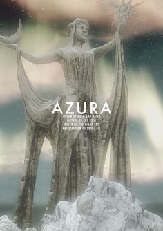 a statue is standing on top of a mountain with the word azura in front of it