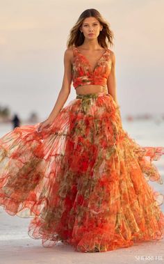 Sherri Hill 56151 Orange Print Sleeveless Two-piece Summer Wedding Dress, Chic Summer Wedding Two-piece Dress, Elegant Summer Two-piece Dress With Flowy Skirt, Chic Cropped Beach Dress, Summer Two-piece Dresses With Tiered Skirt, Spring Two-piece Cropped Dress, Summer Two-piece Tiered Skirt Dresses, Spring Two-piece Flowy Dress, Summer Evening Floral Skirt