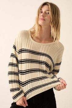 Rule the World Striped Ribbed Knit Sweater - ShopPromesa Ribbed Knit Sweater, Black Sweaters, Round Neckline, Ribbed Knit, Knitted Sweaters, Relaxed Fit, Long Sleeve, Knitting, How To Wear