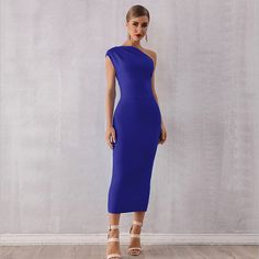 Elegant Women One Shoulder Dress Sleeveless Body Fit Evening Gown – Dresslittly Cocktail Bridesmaid Dresses, Evening Midi Dress, Plain Skirt, Sleeveless Skirt, Blue Evening Dresses, Evening Gowns Elegant, Gowns Of Elegance, Evening Party Dress, One Piece Dress