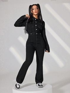 Black Casual Collar Long Sleeve Denim Plain Shirt Embellished Non-Stretch  Women Clothing Denim And Black Outfits, Black Outfit Winter, Plain Shirt, Denim Style, Plain Shirts, Denim Overalls, Black Casual, Flap Pocket