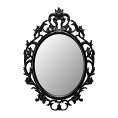 an ornate black mirror on a white background