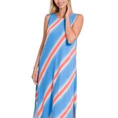 Zenana Candy Stripped Sleeveless Maxi Dress Side Slits Pockets Deep Sky Color Women's Diagonal Print Long Summer Dress Small: Body Length 51", Bust 34" Medium: Body Length 51", Bust 34.5" Large: Body Length 51.5", Bust 35" Xl: Body Length 52", Bust 36" Sleeveless Vertical Stripes Maxi Dress, Casual Vertical Stripes Maxi Dress For Beach, Casual Maxi Dress With Vertical Stripes For The Beach, Casual Striped Maxi Dress For The Beach, Casual Sleeveless Maxi Dress With Vertical Stripes, Casual Blue Dresses With Side Slits, Sleeveless Vertical Striped Summer Dresses, Sleeveless Striped Beach Dress, Spring Sleeveless Maxi Dress With Side Slits