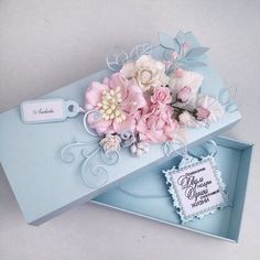 a blue box with some flowers in it