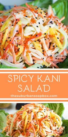 this spicy kani salad is loaded with carrots, lettuce and black sesame seeds