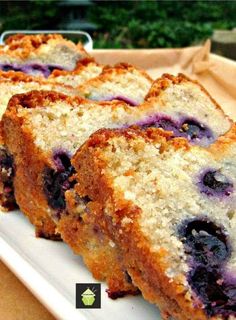 slices of blueberry bread on a white plate