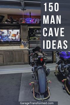 150 Man Cave Ideas for Your Garage or Basement Garage Condo Man Cave, Small Motorcycle Garage Ideas, Garage Mens Cave Ideas, Garage Man Cave Bar Ideas, Turning Garage Into Man Cave, Garage Table Ideas, Garage Turned Into Man Cave, Mancave Garage Ideas Modern, Garage Cave Man Ideas