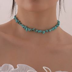 Turquoise Natural Chip Choker Gold Colorplated Length: 13 Inch Adjustable Turquoise Necklace For Summer, Blue Turquoise Necklace For Summer Beach, Green Turquoise Necklace For Beach, Bohemian Blue Turquoise Necklace For Summer, Blue Casual Jewelry For Spring, Casual Blue Jewelry For Spring, Mid Rings, Turquoise Choker, Gold Heart Locket