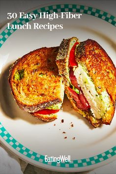 a sandwich on a plate with the words, 50 easy high - fiber lunch recipes