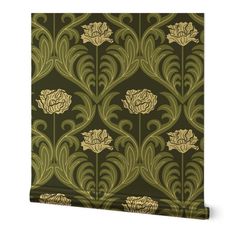 a green and gold wallpaper with an intricate design on the front, featuring flowers