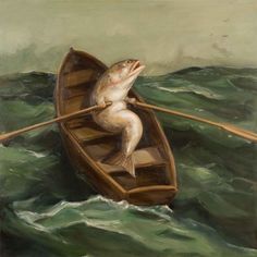 a painting of a man in a boat with a fish on his back, holding onto the oar