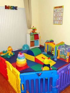 a child's play room with toys on the floor