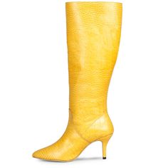 The Saint Adella yellow leather boot is a luxury that cleverly combines a stylish youthful outlook. These knee high boots have a emobssed leather upper and a pointed toe to add a touch of style to your everyday look. Made from the finest materials. Features a covered stiletto heel, stitching details with paneled finish. complete with leather & fleece lining, padded leather footbed with stamped logo. the gorgeous boot sit on a 2.9 inches stiletto heel. The approx. height of the boot is-18.5 Inche Leather Long Boots, Long Leather Boots, Stitching Details, The Saint, Leather Boot, Yellow Leather, Long Boots, Stiletto Heel, Leather Working