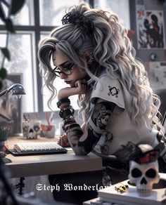 a woman sitting at a desk in front of a computer keyboard and skull figurine