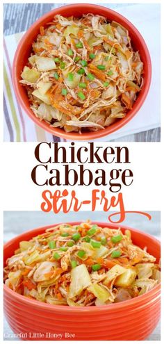 chicken cabbage stir fry in an orange bowl