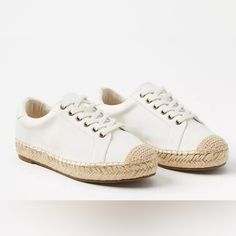 Loft Espadrille Lace-Up Tennis Shoes Canvas Sneakers White & Jute 9.5 Nwot. Never Worn. Have Been Stored For A While And The Soles Weren't Worn Outside. That Is Just How It Looks. Plenty Of Life Left For You To Enjoy. Runs Tts, Imo. This Style Of Sneaker Is Sold By Other Brands Like Lucky, Tretorn, And Tory Burch. Loft's Version Has The Same Adorable Look And Function But At A Fraction Of The Cost. White Canvas With A Natural Color (I Put Tan) Jute Toe And Jute Along The Side On A Comfy 1" Platf White Lace-up Sneakers With Woven Sole, Spring Sneakers With White Laces And Round Toe, Spring Sneakers With White Laces, Spring Canvas Shoes With White Laces And Round Toe, White Canvas Shoes With Textured Sole For Summer, Summer White Canvas Shoes With Textured Sole, White Canvas Shoes With Cushioned Footbed For Spring, White Canvas Shoes With Contrast Sole For Spring, Espadrille Sneakers