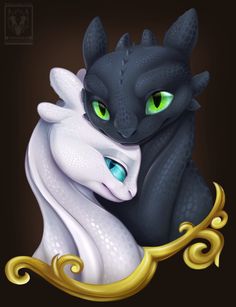 a black and white dragon with green eyes sitting on top of a white horse's head